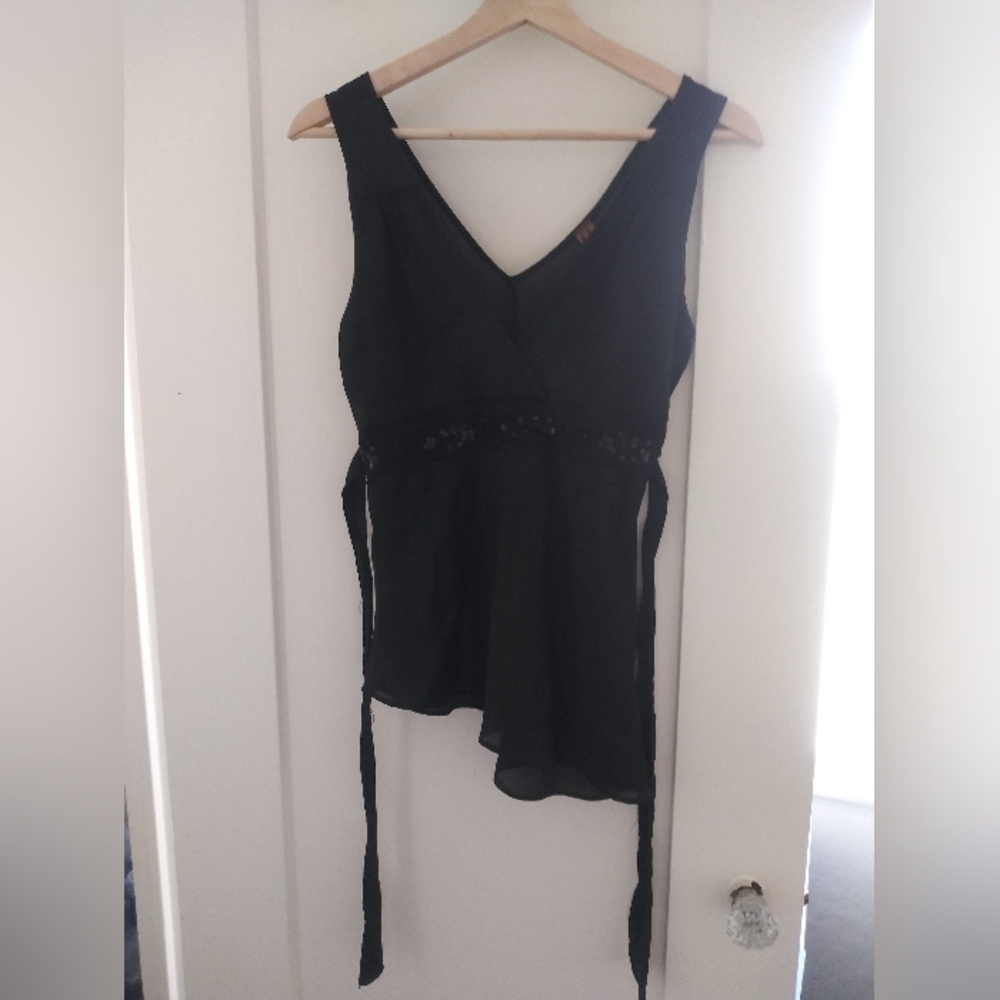 Vintage Y2K black sheer tank top with delicate beaded detail across the bust and